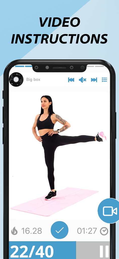 Stretching & Flexibility - A woman performing a standing leg stretch in the video instruction screen of the Stretching and Flexibility app.