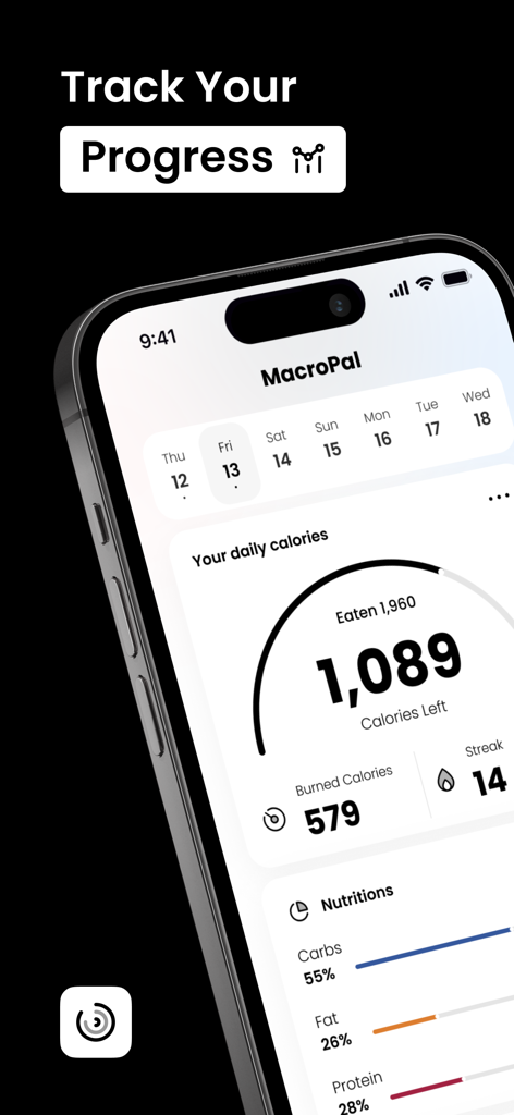 MacroPal: AI Calorie Tracker - MacroPal app interface on an iPhone showing a daily calorie counter and macronutrient distribution for tracking fitness progress.