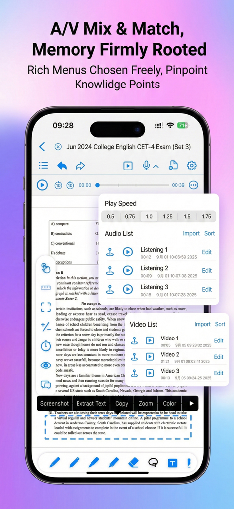 OrigNotes - OrigNotes app interface showing audio and video playback integration on a study PDF document.