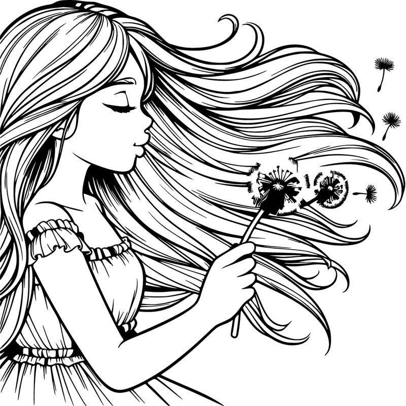 girls hair blowing in the wind in the right blowing at a dandelion realistic