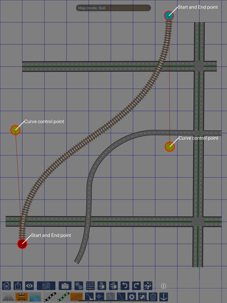 i Map Editor - iPad screen showing the map editing interface with a curved railway track and control points on a blue grid.