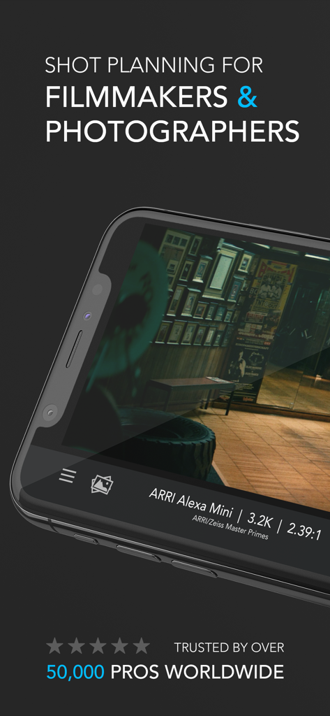 Cadrage Director's Viewfinder - Cadrage Director's Viewfinder app screenshot showing shot planning for filmmakers and photographers with ARRI Alexa Mini camera settings