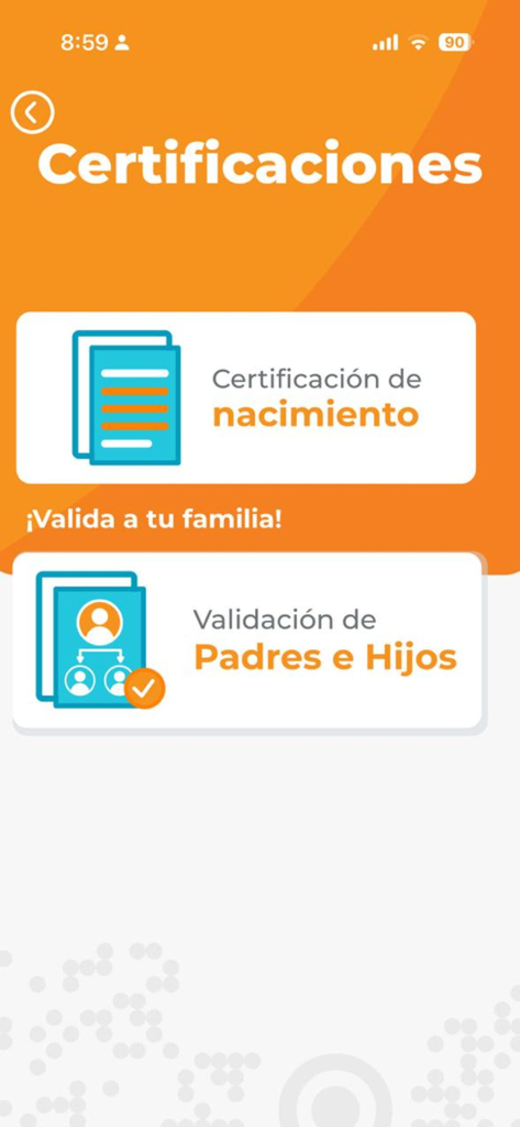 RNP MOVIL - RNP MOVIL app interface with options for birth certificate and parent-child validation
