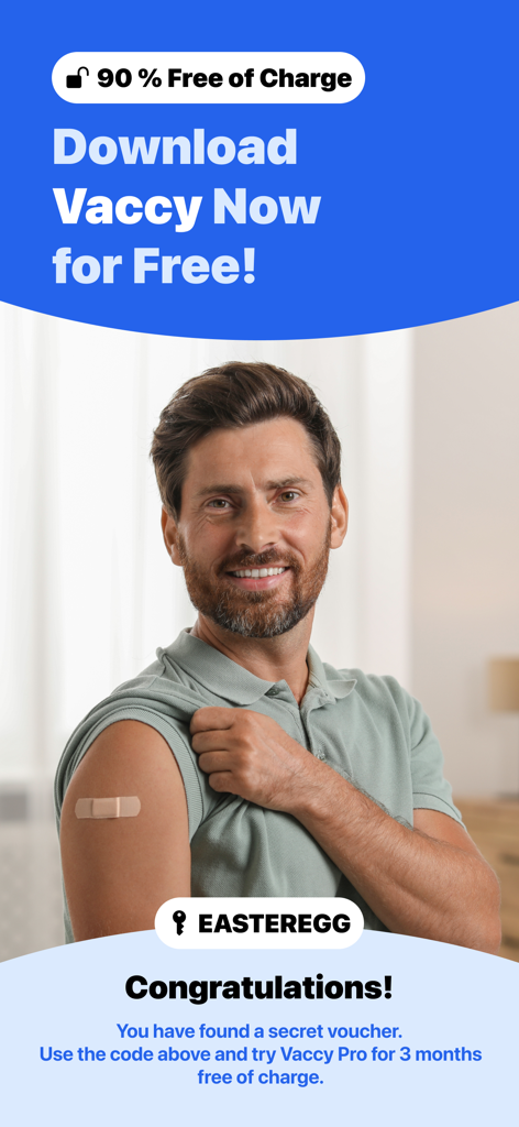 Immunization Record – Vaccy - A man showing a vaccination bandage on a promotional screen for the Vaccy app offering a free download and pro trial voucher.