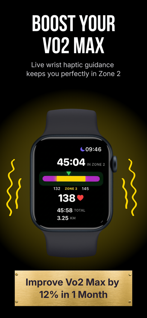 Zone 2 AI: Vo2 Max & Endurance - App Zone 2 AI su Apple Watch che mostra monitoraggio della frequenza cardiaca e guida aptica live per allenamento VO2 max.
