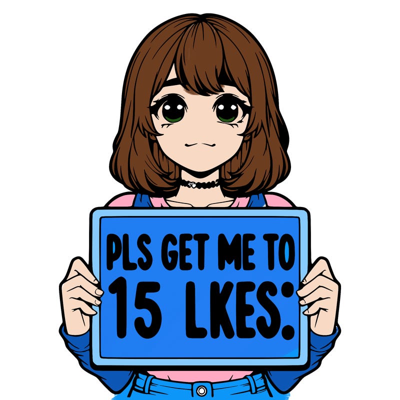 realistic girl holding up a sign that says “pls get me to 15 likes!”