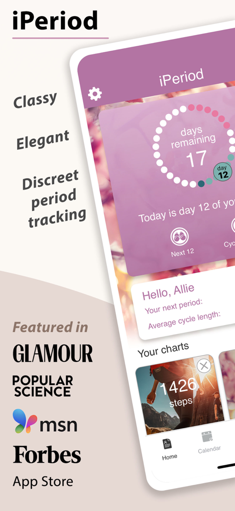 iPeriod Period Tracker + - Interface de l'application de suivi de règles iPeriod montrant le compte à rebours du cycle et les fonctionnalités de suivi de santé