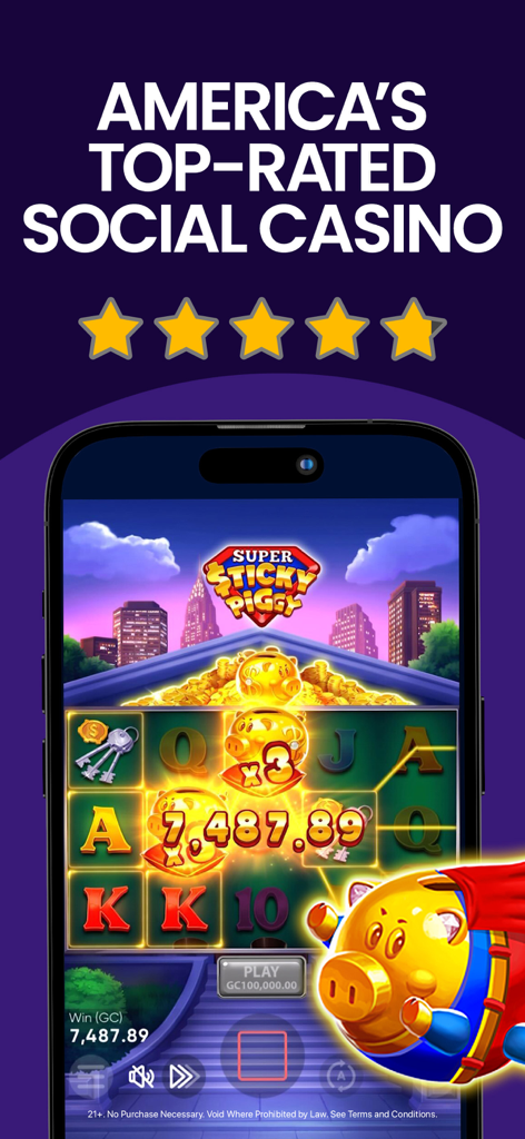Modo Social Casino Slots - La aplicación Modo Social Casino muestra el casino social mejor valorado de Estados Unidos con una calificación de cinco estrellas y el juego de tragamonedas Super Sticky Piggy