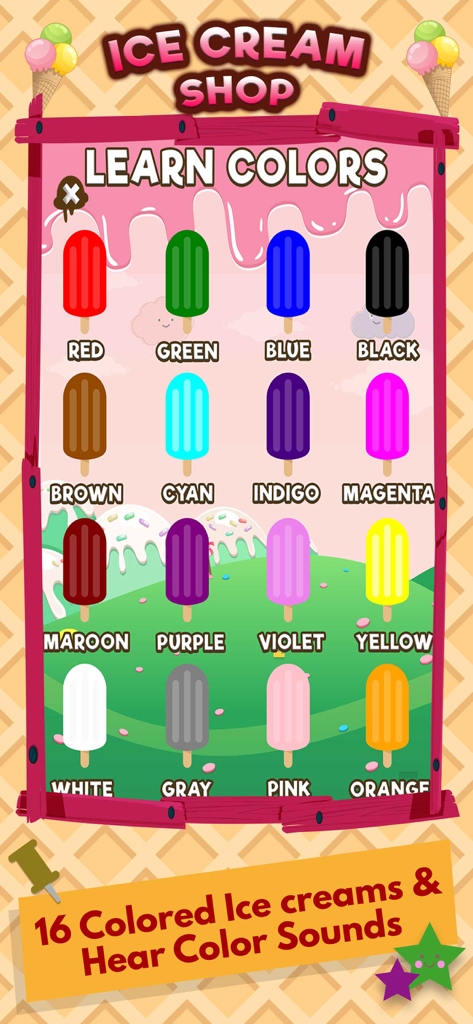 Learning Colors Games For Kids - Educational game screen displaying 16 different colored ice cream popsicles for children to learn color names.