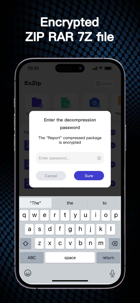 Zip, RAR, 7z File Extractor - 暗号化されたZIP RARまたは7Zファイルのパスワード入力プロンプトを表示するモバイルインターフェイス