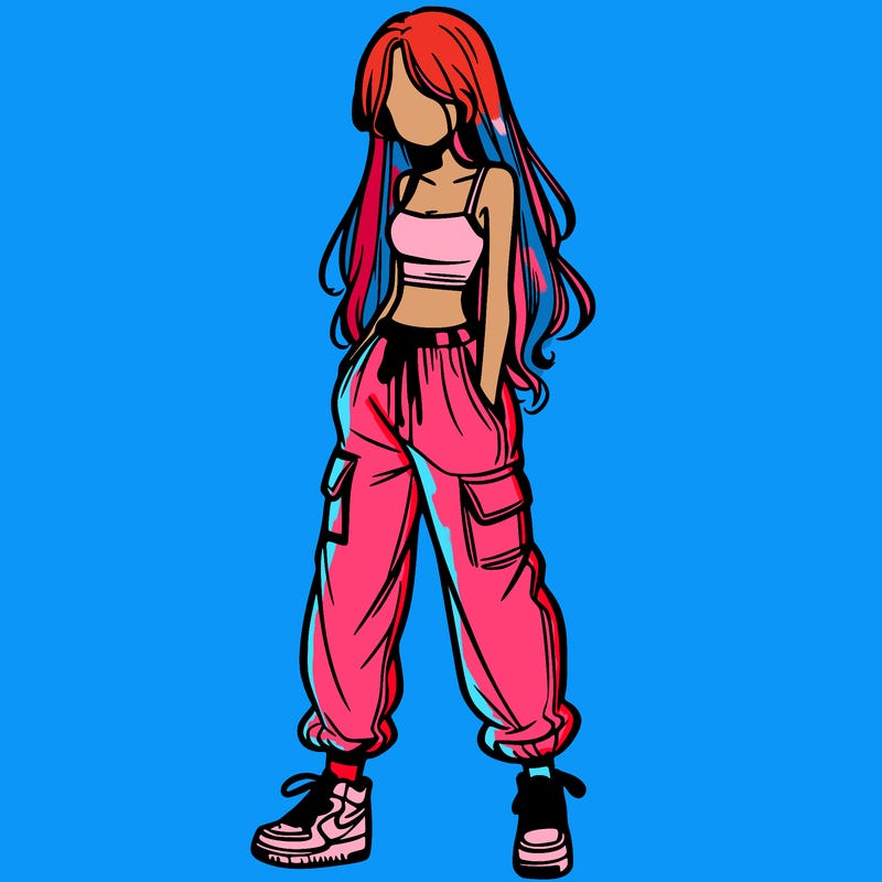 girl in baggy pants crop top and long hair