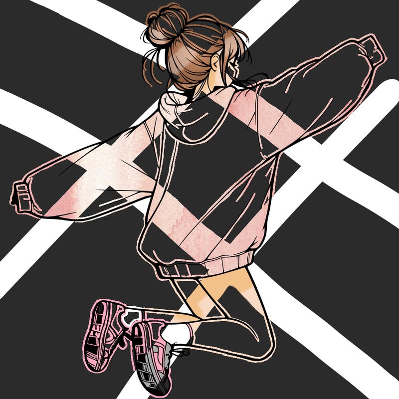 realistic girl jumping with a bun and oversized sweatshirt