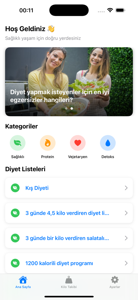 Diyet Listesi & Kilo Takibi - Mobile app interface of Diyet Listesi showing diet categories like Protein and Detox with various weight loss plans.