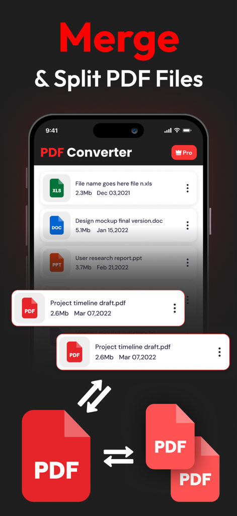 PDF Converterアプリのインターフェース。モバイルデバイスでPDFドキュメントを結合および分割する機能が表示されています。