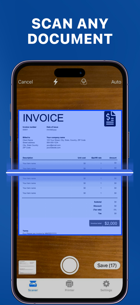 Air Printer App: Smart Print - Interfaz de iPhone que muestra la función de escaneo de documentos de la aplicación Air Printer en una factura