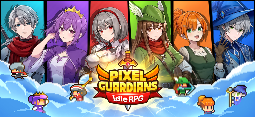 Anime style and pixel art characters from Pixel Guardians Idle RPG