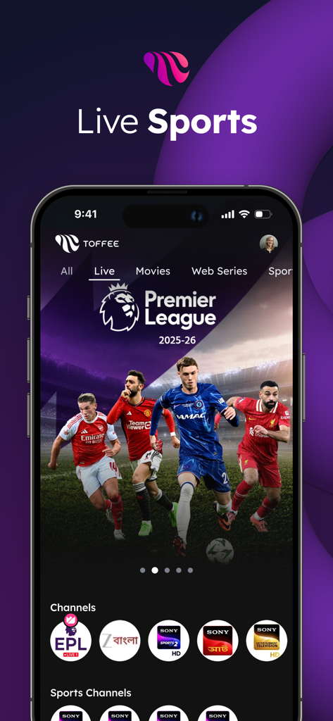 Schermata dell'app Toffee che mostra lo streaming di sport dal vivo e canali di intrattenimento bengalesi