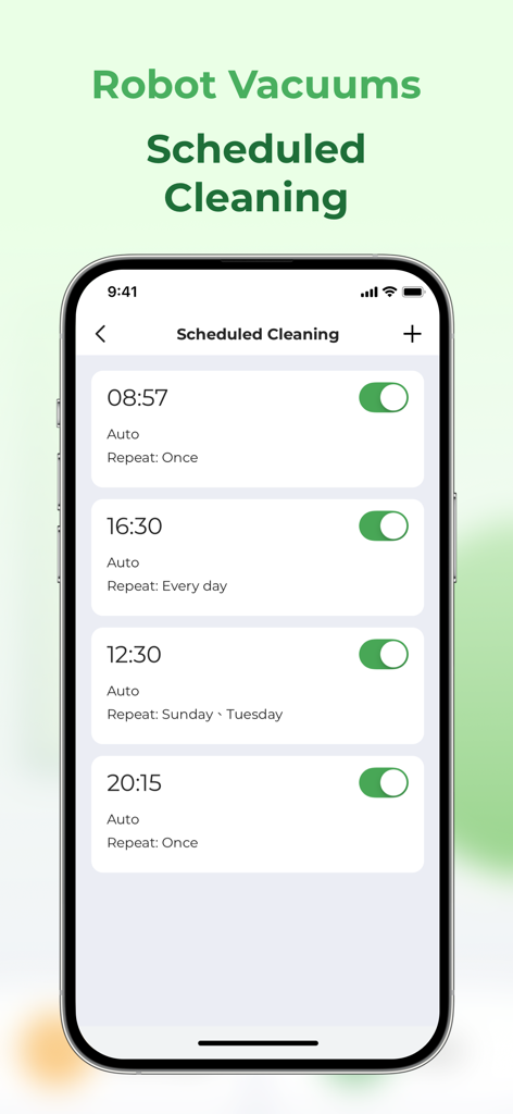 Vactidy - A smartphone displaying the Vactidy app scheduled cleaning screen with several cleaning times and toggle switches.
