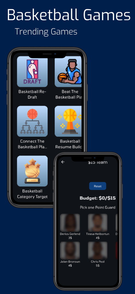 Mini-Sports Games - Interface of the Mini-Sports Games app featuring various basketball mini-games and a team-building challenge.