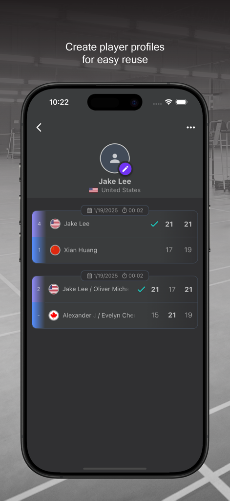 Badminton Scorer Pro - Player profile screen displaying match history and results in Badminton Scorer Pro