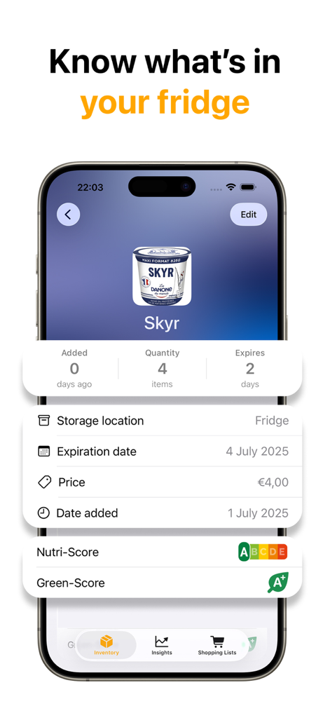 Pantry inventory, FridgeBuddy - FridgeBuddy app interface showing food inventory details including expiration date and quantity