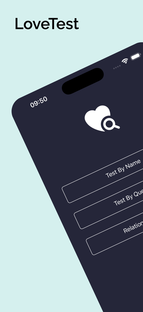 Home screen of the LoveTest app showing options to test for a cheating spouse