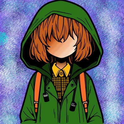 little anime girl in a raincoat her hair is covering her eyes she has a lighter