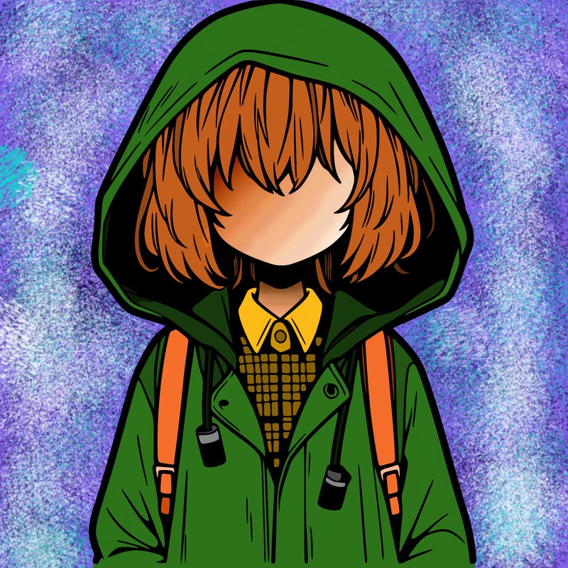 little anime girl in a raincoat her hair is covering her eyes she has a lighter