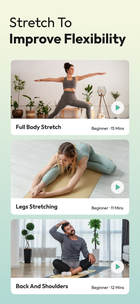 Yoga Fit | Yoga for Beginners - Yoga Fit app screen showing beginner stretching exercises for full body, legs, and back to improve flexibility.