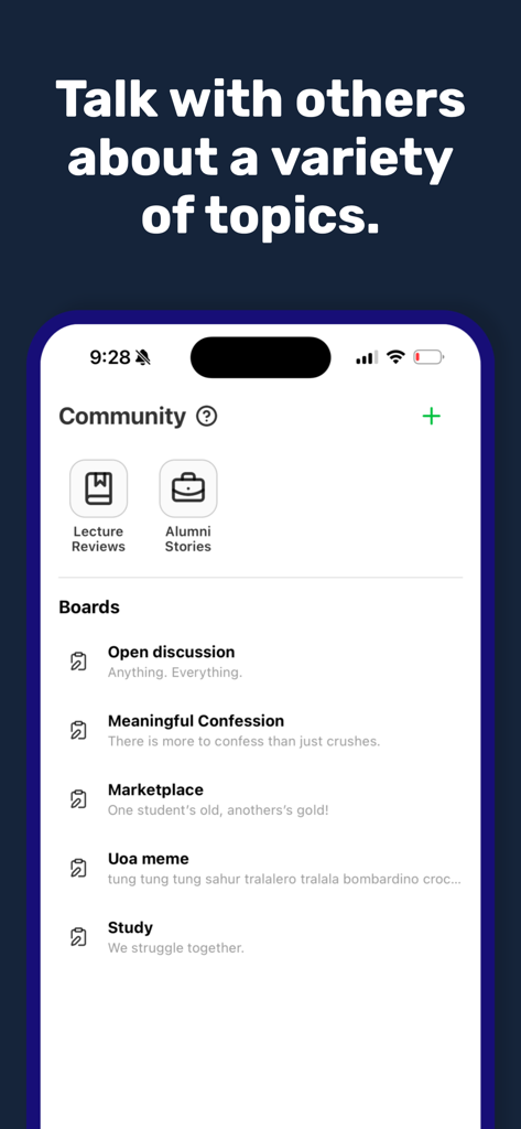 Quad - UoA Student Hub - Screenshot of the Quad app community page displaying various student discussion boards like open discussion, marketplace, and study groups.