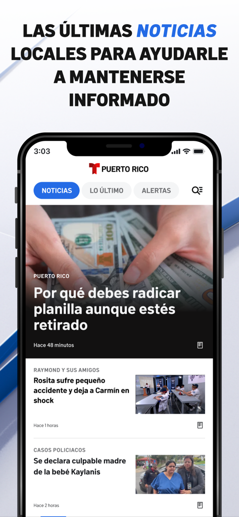 Pantalla principal de la app móvil Telemundo Puerto Rico mostrando noticias y alertas locales