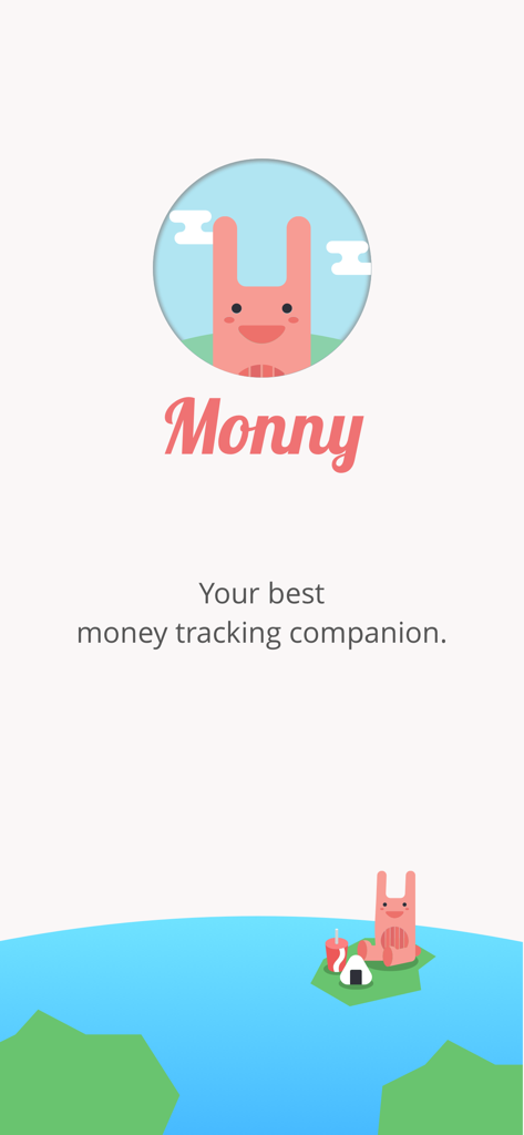 Monny money tracking app splash screen with a cute pink character mascot