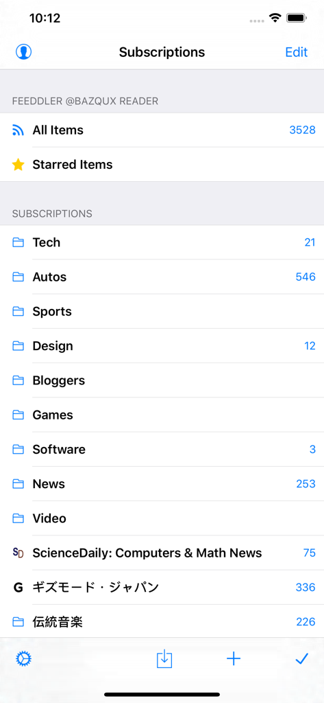 The subscriptions screen of the Feeddler RSS News Reader app showing various news folders and unread article counts.