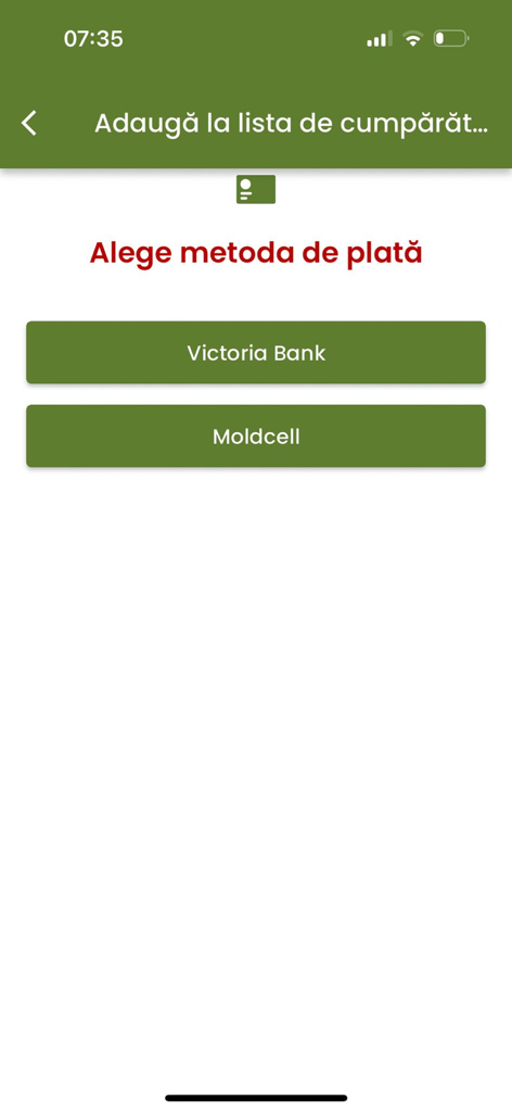 A mobile app screen for the Cineplex app showing payment method options including Victoria Bank and Moldcell