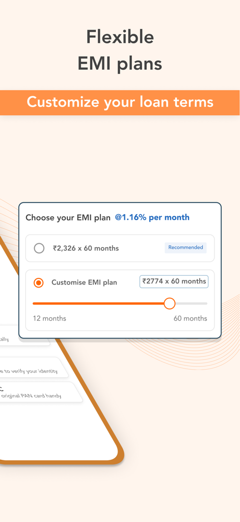 InCred Finance - Mobile app screen for choosing and customizing flexible EMI loan plans with a tenure slider