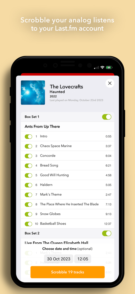 Discographic for Discogs - Schermata dello smartphone che mostra la funzione di scrobbling di Last.fm per gli ascolti di dischi analogici nell'app Discographic.