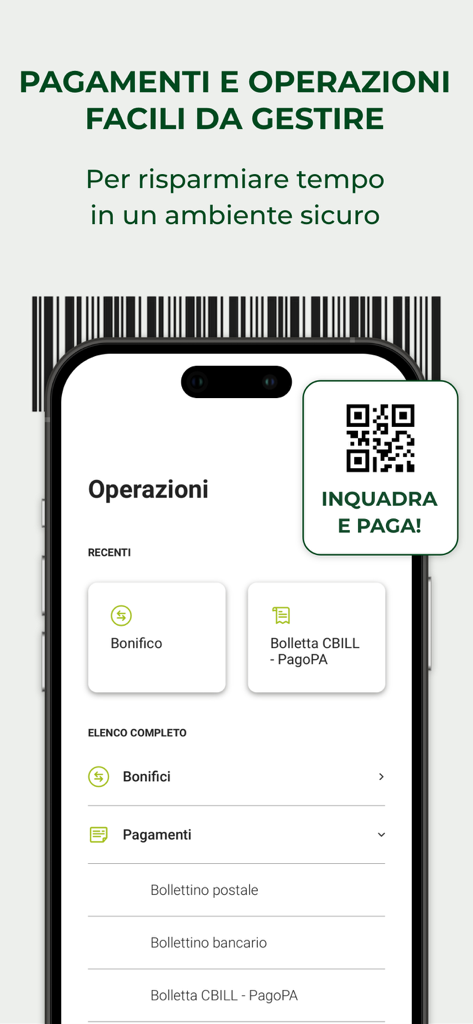 Interfaz de la aplicación móvil RelaxBanking que muestra operaciones de pago y una función de código QR para escanear y pagar