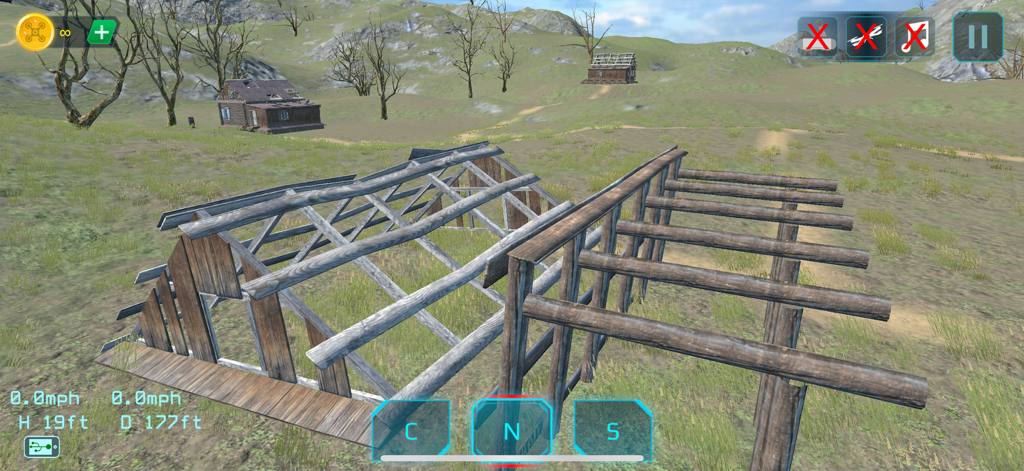 SimuDrone flight simulator interface showing a drone view of a rural practice field with flight telemetry