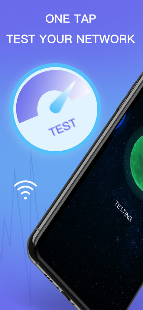 Interfaccia dell'app Uranus NetTest con un pulsante di test di velocità di rete a un tocco e un indicatore