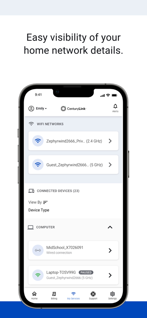 My CenturyLink - My CenturyLink app screen displaying home wifi networks and a list of connected devices