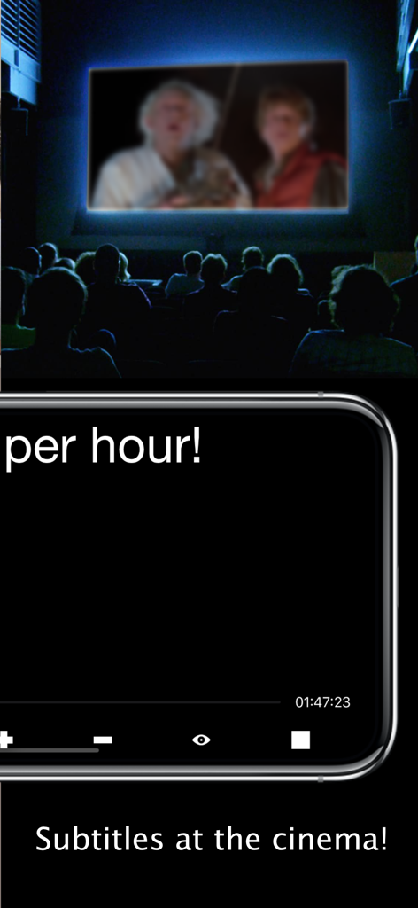 Subtitles Viewer! - Smartphone displaying movie subtitles synchronized with a film in a dark cinema theater.