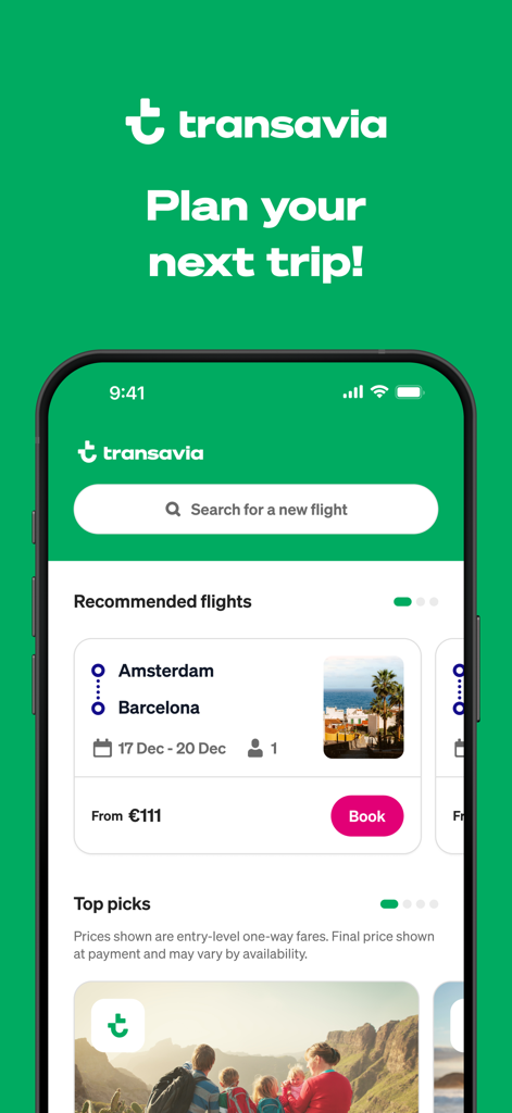 Transavia - Transavia mobile app screen showing flight search and recommended trips from Amsterdam to Barcelona