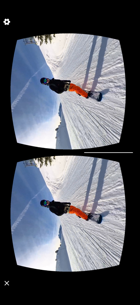 Simple 360 VR Media Player App - Vista RV de pantalla dividida de un snowboarder en una montaña nevada