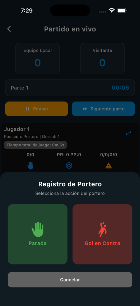 Advanced Metrics. Handball - Live handball match tracking screen for recording goalkeeper saves and goals.