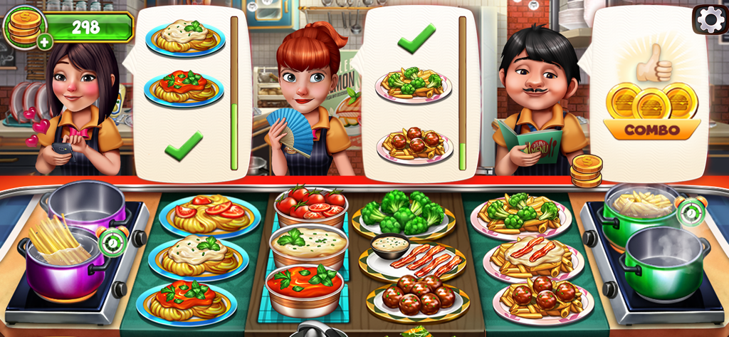 Una escena de juego de cocina ajetreada de Cooking Team que muestra a los clientes pidiendo diferentes platos de pasta y recetas de albóndigas.