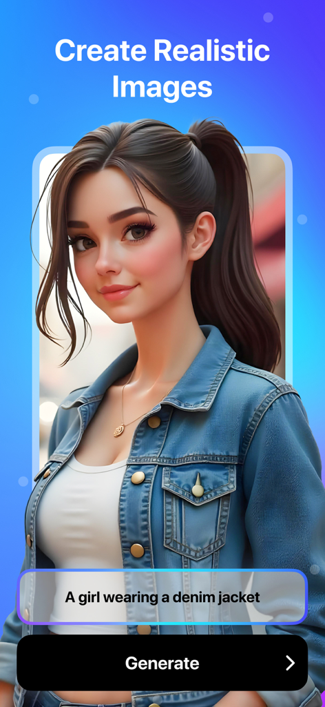 AI Figurine：AI Image Generator - SuenoAIアプリ内のテキストプロンプトに基づいて、デニムジャケットを着た若い女性のリアルなAI生成画像。