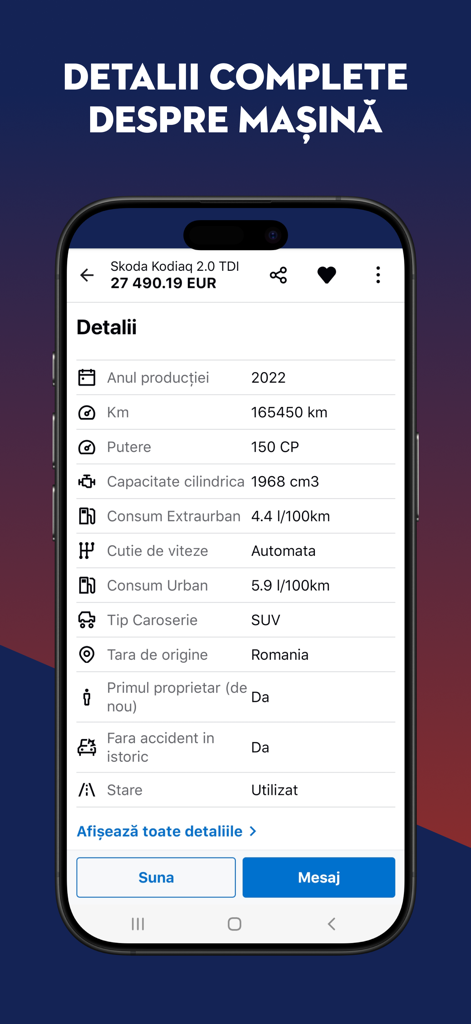 Autovit.ro:  Car Marketplace - A smartphone screen showing detailed technical specifications for a car listing on the Autovit.ro app.