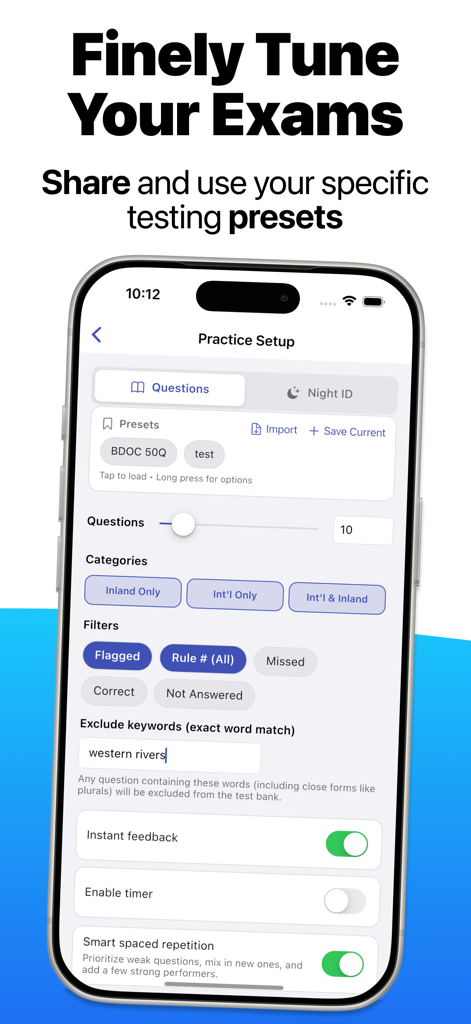 Neptune: Navigation Rules - Practice setup screen in the Neptune Navigation Rules app showing options to customize exams with presets, question counts, and rule filters.