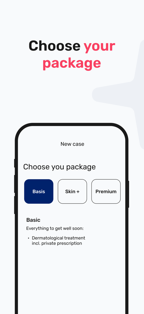 A mobile interface for the dermanostic app showing a choice between three treatment packages Basis Skin plus and Premium