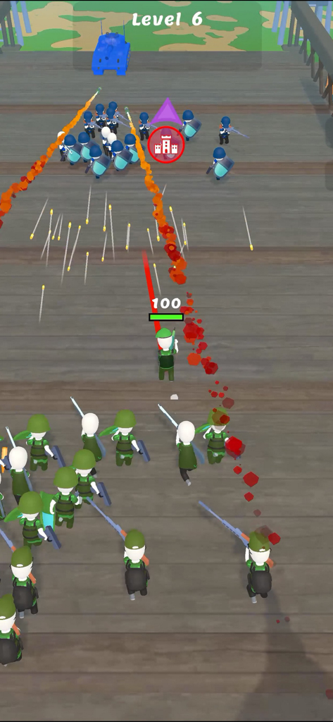 Island Warfare 3D: Guns' Land - Top down tactical battle on a bridge with green soldiers shooting at blue enemies and a tank in Island Warfare 3D